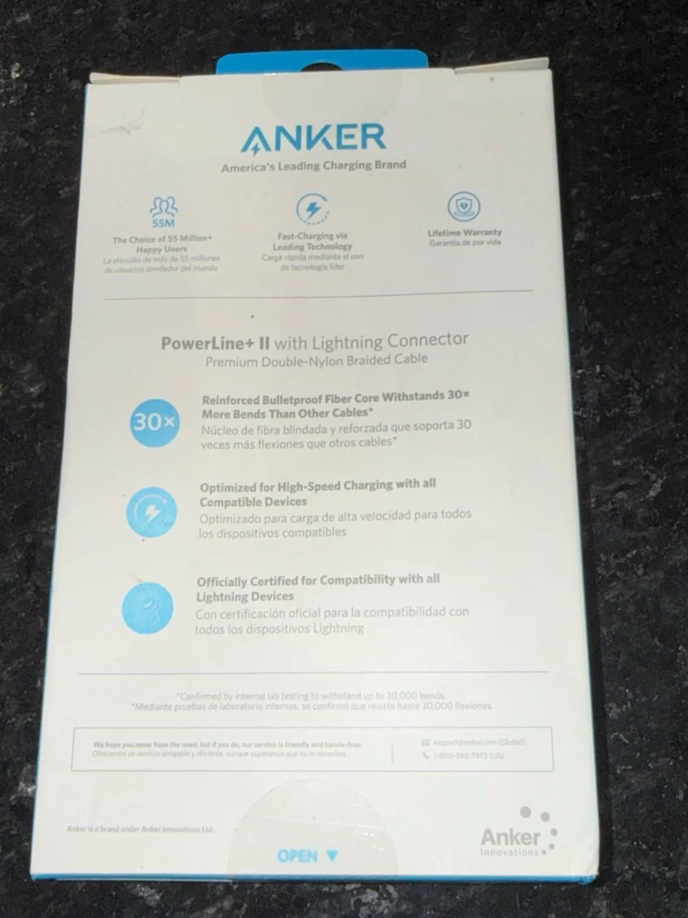 Anker White and Blue PowerLine+ II Lightning Cable Packaging